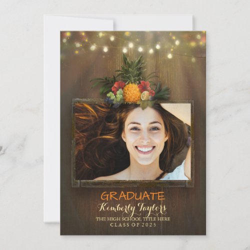 Luau Pineapple Photo Graduation Party Announcement - Tropical photo graduation announcement and graduation party invitation in one. Beautiful design rustic beach design elements: pineapple, string lights, tropical flowers and fruits, palm leaves
