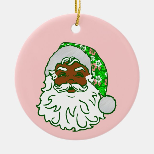 luau pink christmas hawaiian african black santa  ceramic ornament (Front)