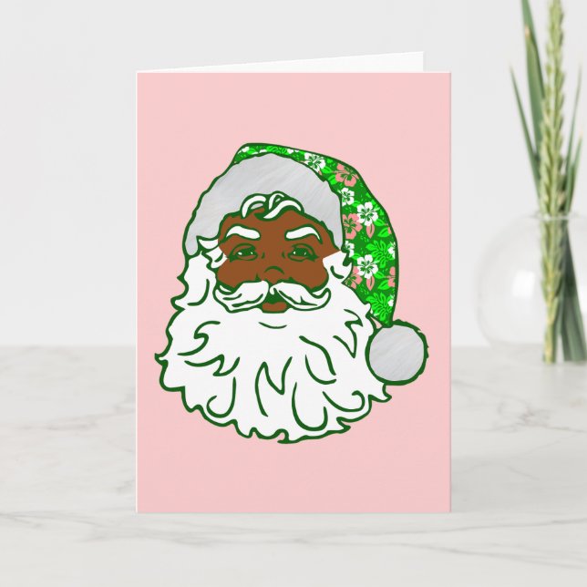 luau pink christmas hawaiian african black santa  holiday card (Front)