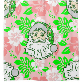  luau pink christmas hawaiian santa hibiscus  shower curtain