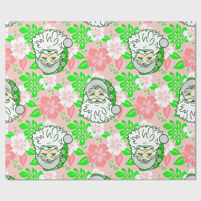  luau pink christmas hawaiian santa hibiscus  wrapping paper (Flat)