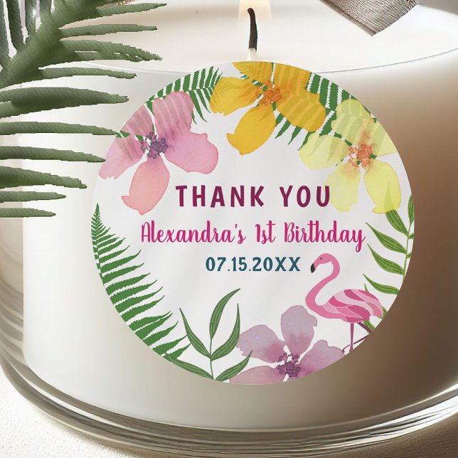Luau Pink Flamingo 1st Birthday Thank You Classic Round Sticker (Creator Uploaded)