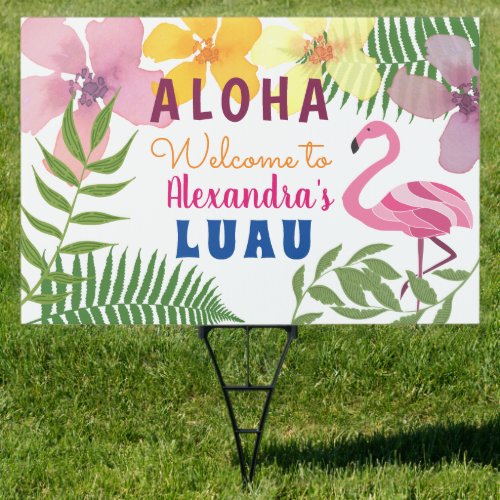 Luau Pink Flamingo and Colorful Tropical Flowers Sign