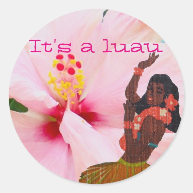 Luau Pink Hibiscus and Grass Skirt Hula Girl Classic Round Sticker (Front)