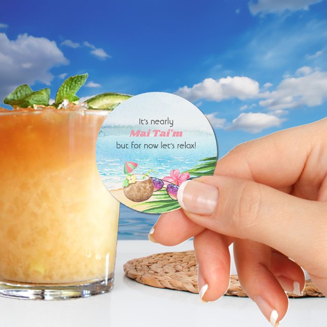 Luau Summer Beach Funny My Time Baby Shower Classic Round Sticker (Funny Mai Tai / My Time tropical beach theme from my Baby on Board baby shower collection)