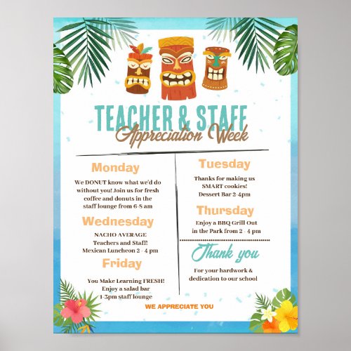 Luau Teacher Appreciation Week Itinerary Poster