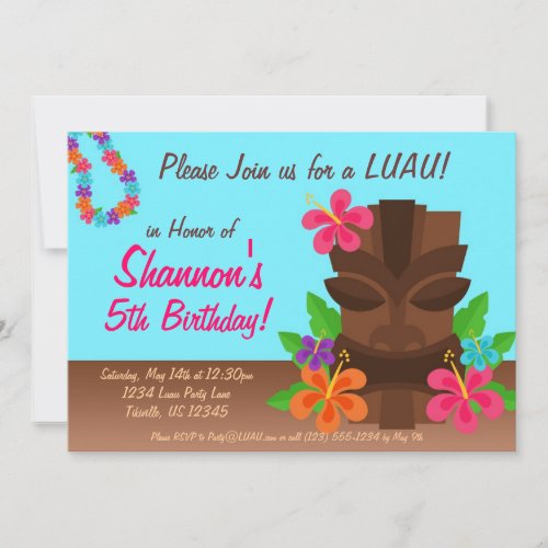 Luau Tiki Man and Flowers Birthday Party Invitation