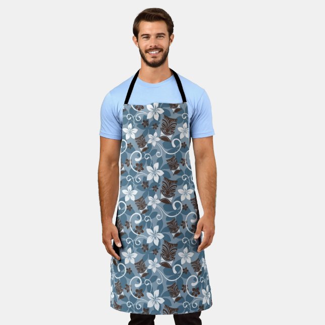 LUAU TIKI PATTERN (BLUE) APRON (Worn)