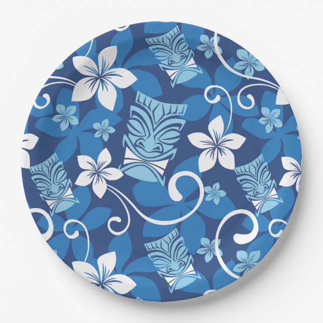 LUAU TIKI PATTERN (BRIGHT BLUE) PAPER PLATES (Front)