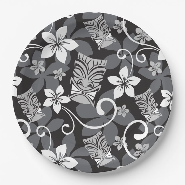 LUAU TIKI PATTERN (CHARCOAL) PAPER PLATES (Front)