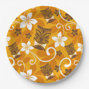 LUAU TIKI PATTERN (ORANGE) PAPER PLATES