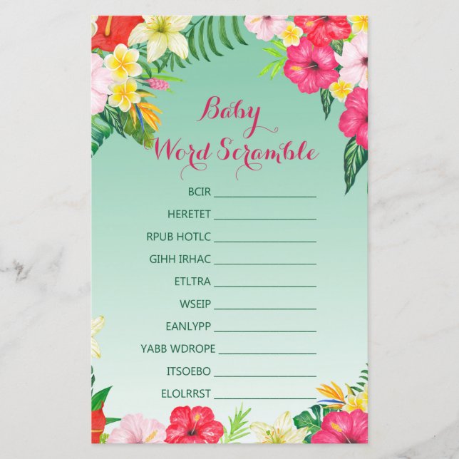 Luau Tropical Baby Shower Game with answer (Front)