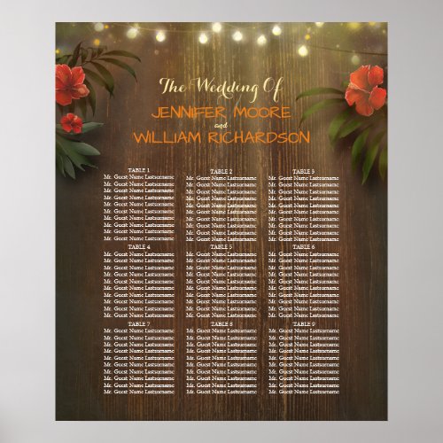 Luau Tropical Beach Flowers Wedding Seating Chart - Rustic beach string lights and tropical flowers with palm leaves wedding seating chart - seating plan