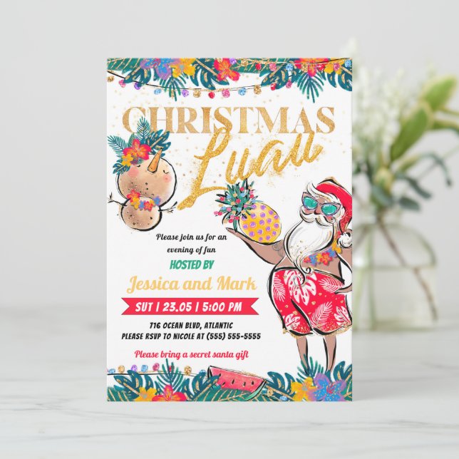 Luau Tropical Christmas Party Invitation Card (Standing Front)