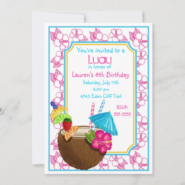 Luau Tropical coconut Drink Birthday Invitations (Front)