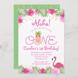 Luau Tropical Floral Girl 1st First Birthday Invitation