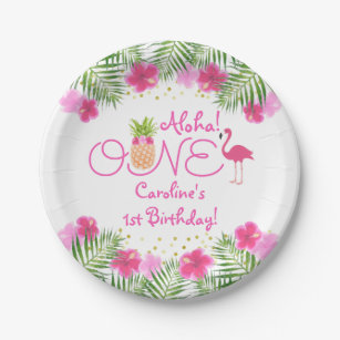 Luau Tropical Floral Girl 1st First Birthday Paper Plates