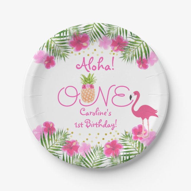 Luau Tropical Floral Girl 1st First Birthday Paper Plates (Front)