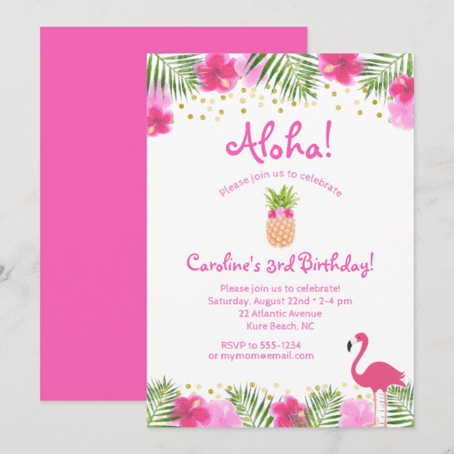 Luau Tropical Floral Girl 3rd Third Birthday Invit Invitation (Front/Back)