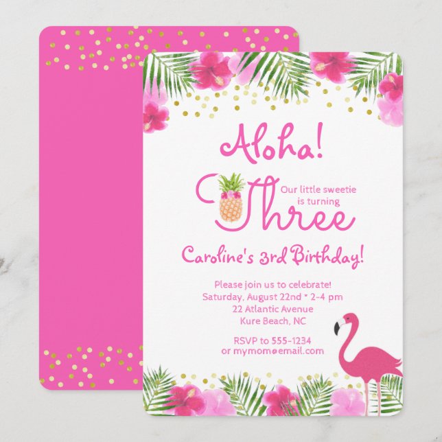 Luau Tropical Floral Girl 3rd Third Birthday Invitation (Front/Back)