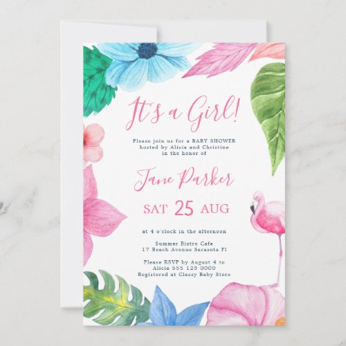 Luau tropical floral its a girl baby shower invitation