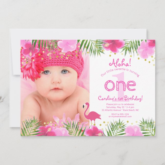 Luau Tropical Floral Photo Girl 1st First Birthday Invitation (Front)