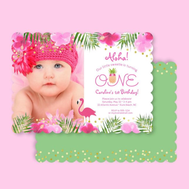 Luau Tropical Floral Photo Girl 1st First Birthday Invitation (Creator Uploaded)