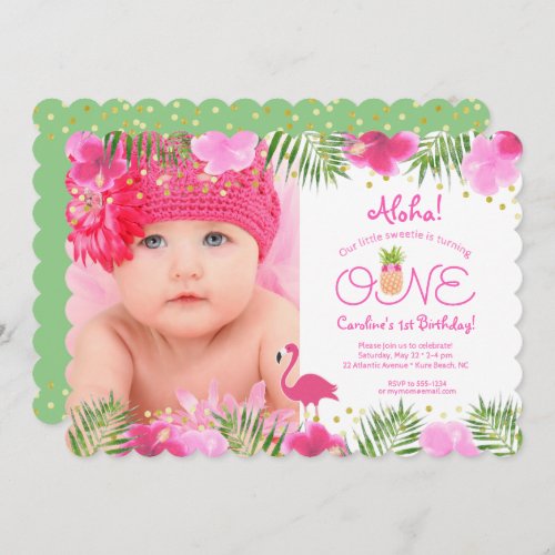 Luau Tropical Floral Photo Girl 1st First Birthday Invitation