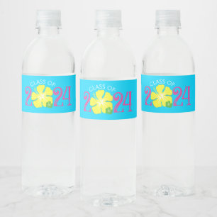 Luau Tropical Hibiscus Blue Graduation Water Bottle Label
