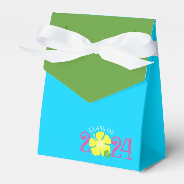 Luau Tropical Hibiscus Graduation Blue Favor Boxes (Front Side)
