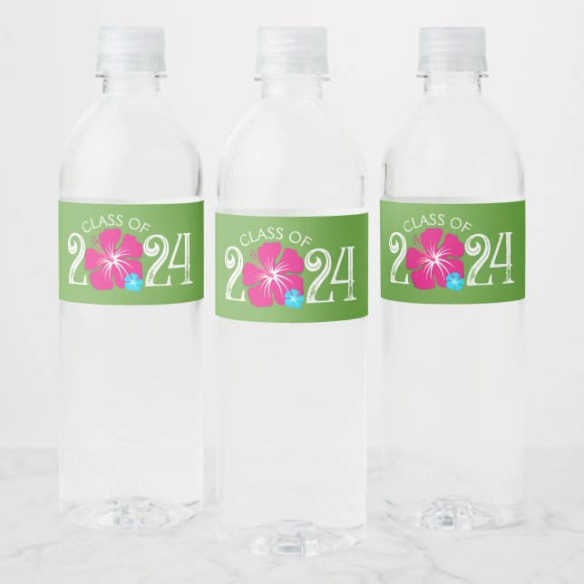 Luau Tropical Hibiscus Green Graduation Water Bottle Label (Bottles)