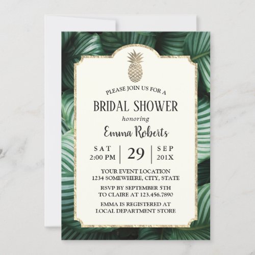 Luau Tropical Leaves Gold Pineapple Bridal Shower Invitation