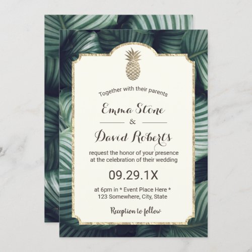 Luau Tropical Leaves Gold Pineapple Wedding Invitation