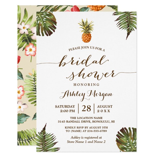 Luau Tropical Leaves Pineapple Bridal Shower Card (front side)