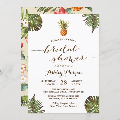 Luau Tropical Leaves Pineapple Bridal Shower Invitation