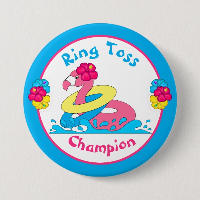 Luau Tropical Party Flamingo Ring Toss Champion 3" Button (Front)