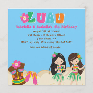 Luau Twin Girl and Tiki Square Birthday Invitation