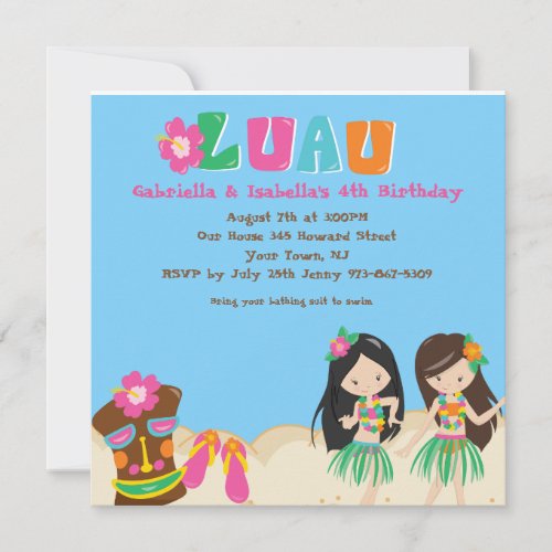 Luau Twin Girl and Tiki Square Birthday Invitation