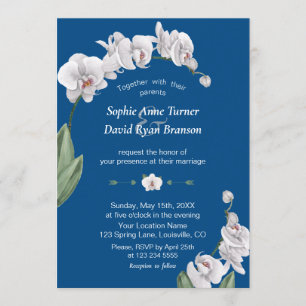 Luau Watercolor White Orchid Classic Blue Wedding Invitation
