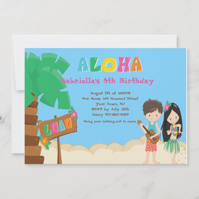 Luau With Kids And Palm Tree Birthday Invitation (Front)
