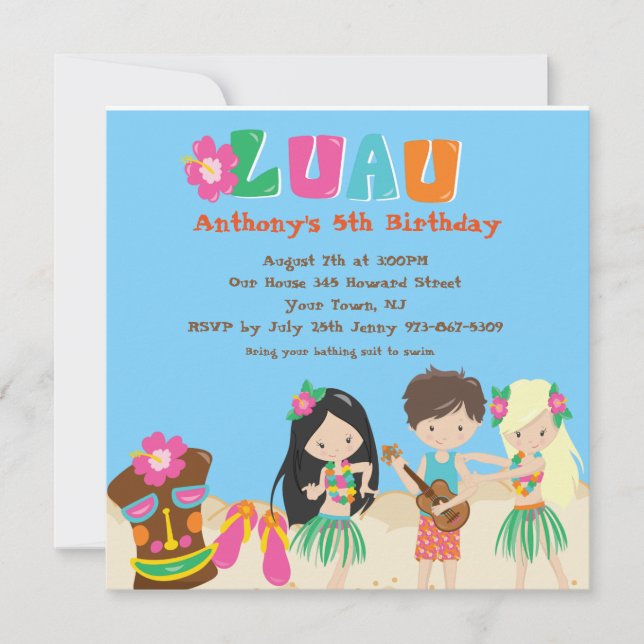 Luau With Kids and Tiki Square Birthday Invitation (Front)