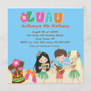 Luau With Kids and Tiki Square Birthday Invitation