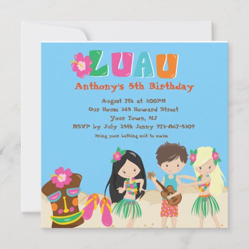 Luau With Kids and Tiki Square Birthday Invitation