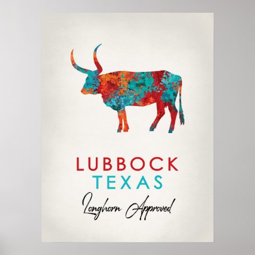 Lubbock Texas Colorful Longhorn Poster