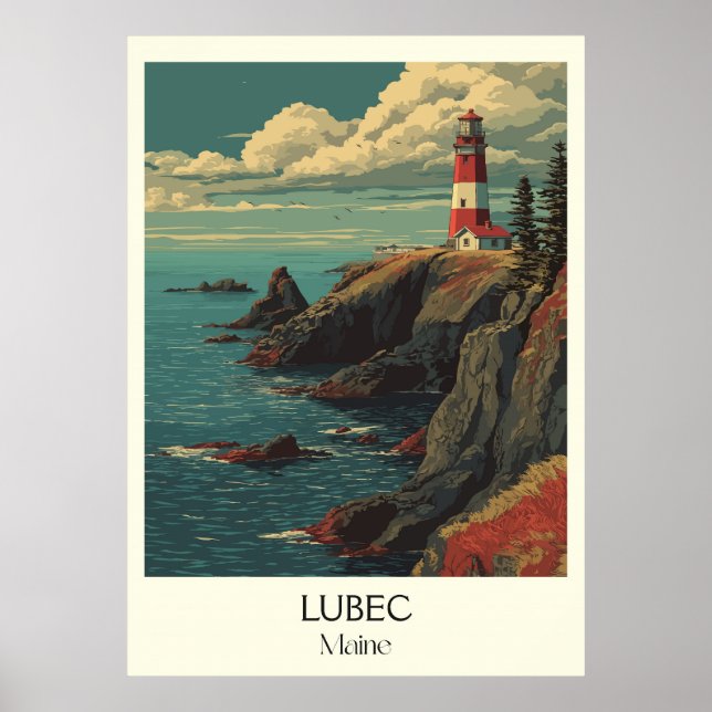 Lubec Maine Vintage Lighthouse Coastal Cliffs Art Poster (Front)