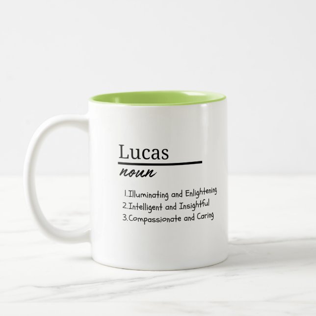 Lucas, Boy Personalized Name Definition Two-Tone Coffee Mug (Left)