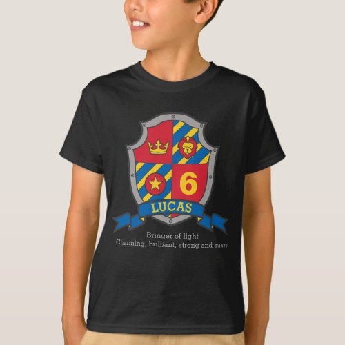 Lucas name meaning 6th birthday knights shield T_Shirt