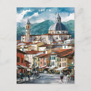 Lucca Italy Street Watercolor Painting Postcard