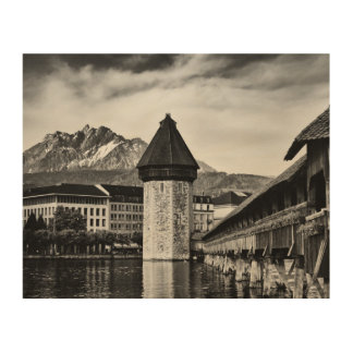 Lucerne Chapel Bridge and Mt. Pilatus photo Wood Wall Art