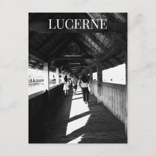 Lucerne Chapel Bridge + Tourists Switzerland BW Postcard